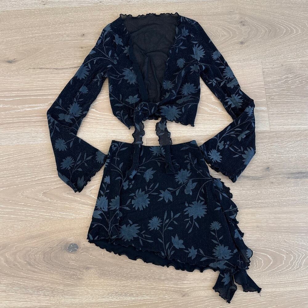 Tiger Mist Skirt & Top Set Floral Frills Ellie Size XXS Black Gray